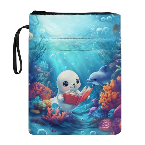 HELLHERO Polyester Book Sleeve Protector Pouch Gift Bag Whale Coral Pattern Zipper Bag Retro Hardcover Notebook Journal Textbooks Paperbacks Vintage