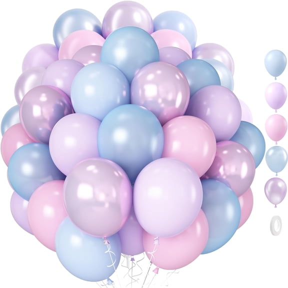 60Pcs 12 Inch Pink Purple Blue Balloon, Metallic Pastel Balloon Pearl Pink Blue Purple Balloons for Girls Birthday Baby Shower Party Decorations
