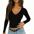thumbnail image 5 of Womens Casual V-Neck Long Sleeve Shirts Going Out Double Lined Crop Tops Slim Fitted Basic Tee, 5 of 9