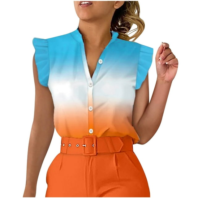 Pompotops Cardigan Imprimé Décontracté pour Femme, Col Montant, Volants, Manches Courtes, Boutons, Blouse, Hauts, T-Shirt, Liquidation