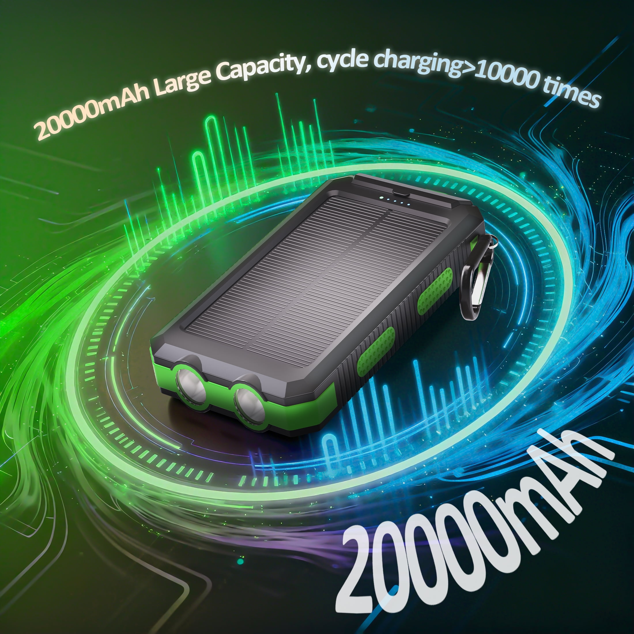 (2 pack) Solpowben 20000mAh Solar Power Bank Compatible for Cell Phone iPhone, Portable Charger with Dual 5V USB Ports & 2 Flashlights & Compass for Outdoor Camping Hiking (Green)