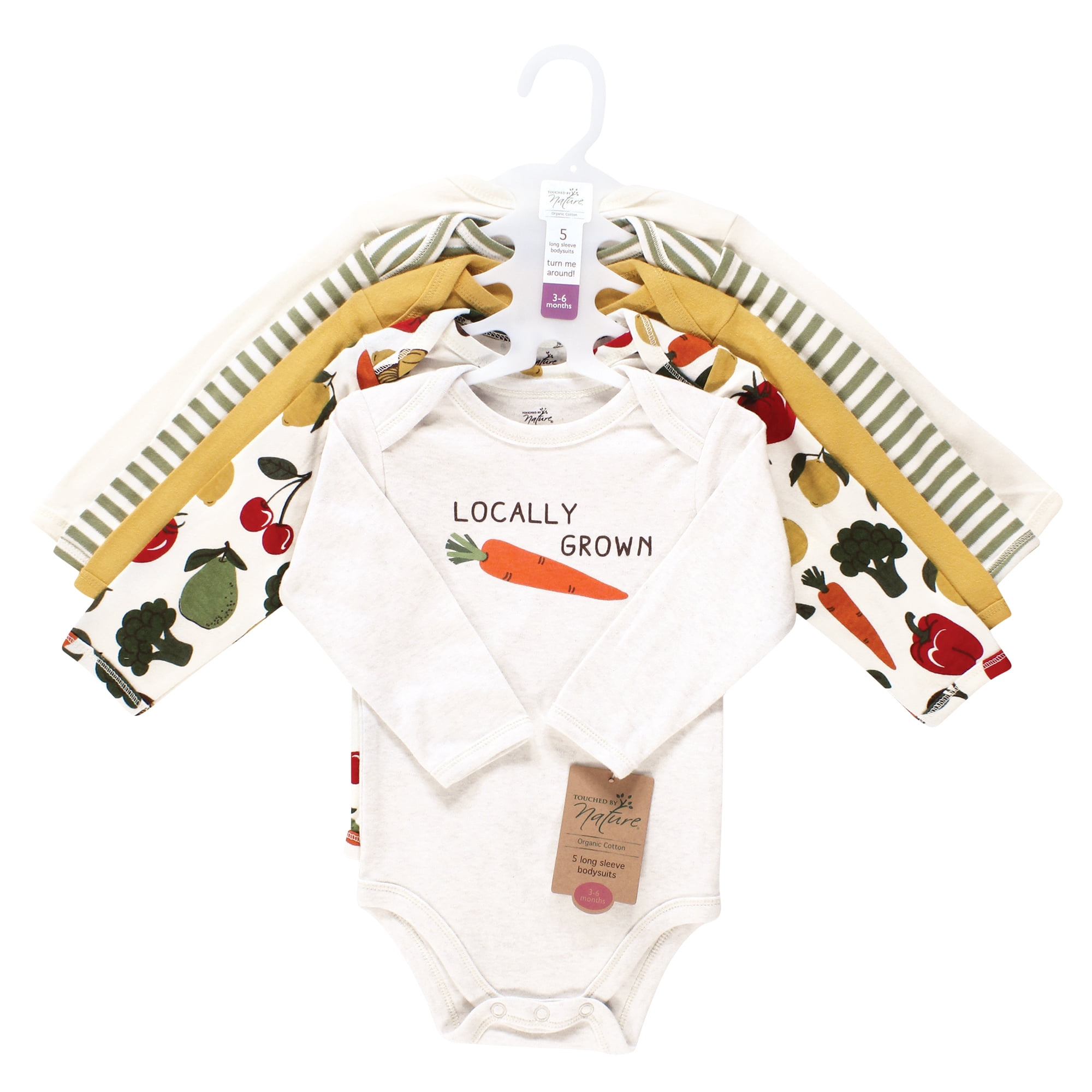 Touched by Nature Organic Cotton Long-Sleeve Bodysuits, Happy Veggies, 9-12 Months