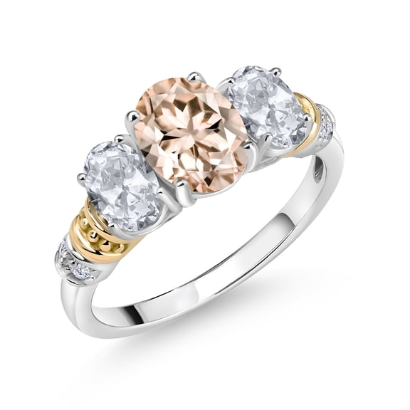 Gem Stone King 925 Sterling Silver and 10K Yellow Gold Oval Peach Morganite White Topaz and White Diamond 3 Stone Ring for Women (2.23 Cttw, Gemstone October Birthstone, Size 9)