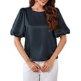 thumbnail image 3 of Women'S Satin Silk Blouses Puff Short Sleeve Dressy Casual Tops Loose Fit Crew Neck Cropped Shirts Navy Blue XL, 3 of 10