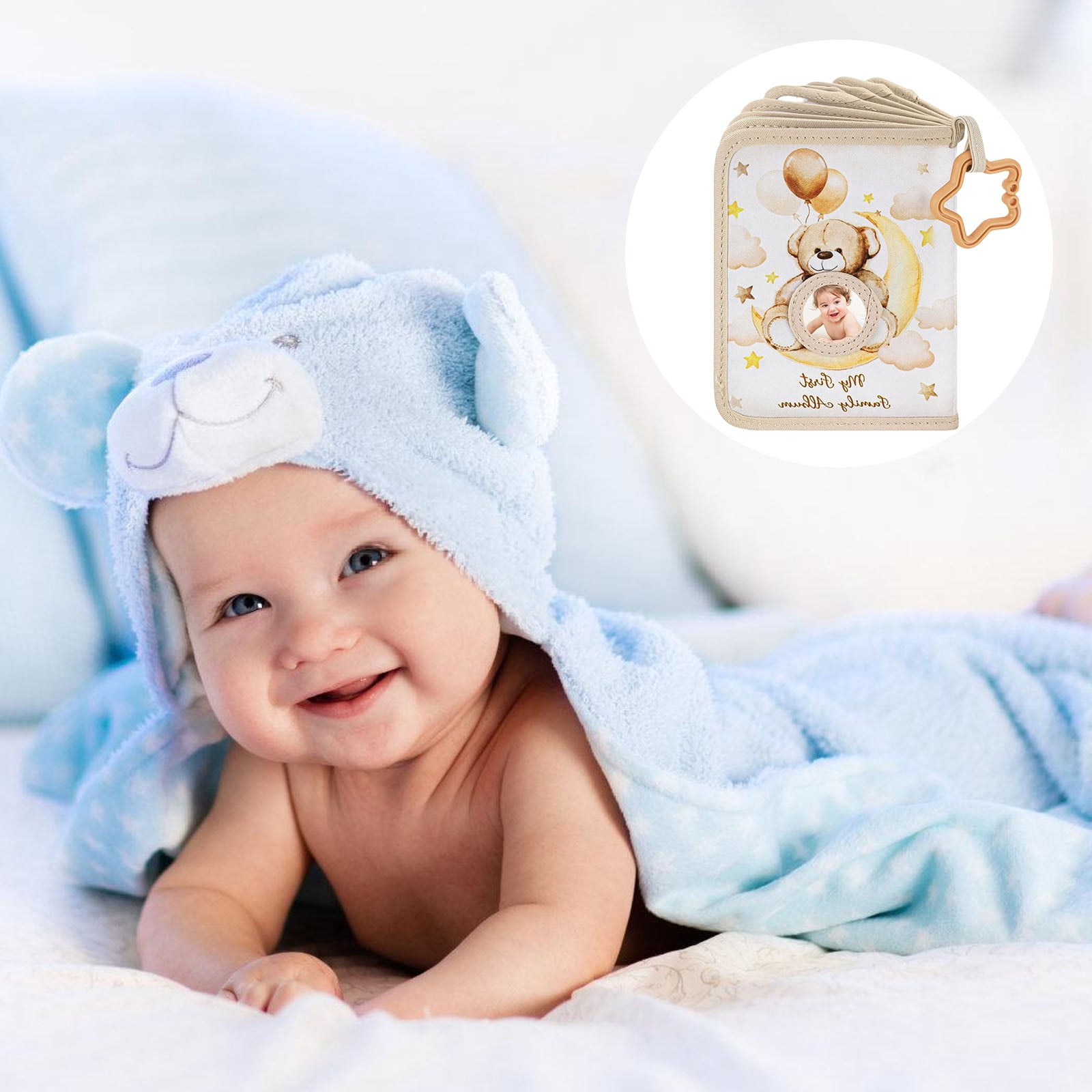Baby Memory Photo Album with Safe Mirrored and Star Teether Rings Bear Pattern Picture Book for Infant Photography Album