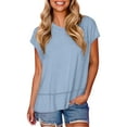 thumbnail image 3 of Fanxing Women's Cap Sleeve Summer Tops Round Neck Solid Color T-Shirts with Side Slit Light Blue,XXL, 3 of 8