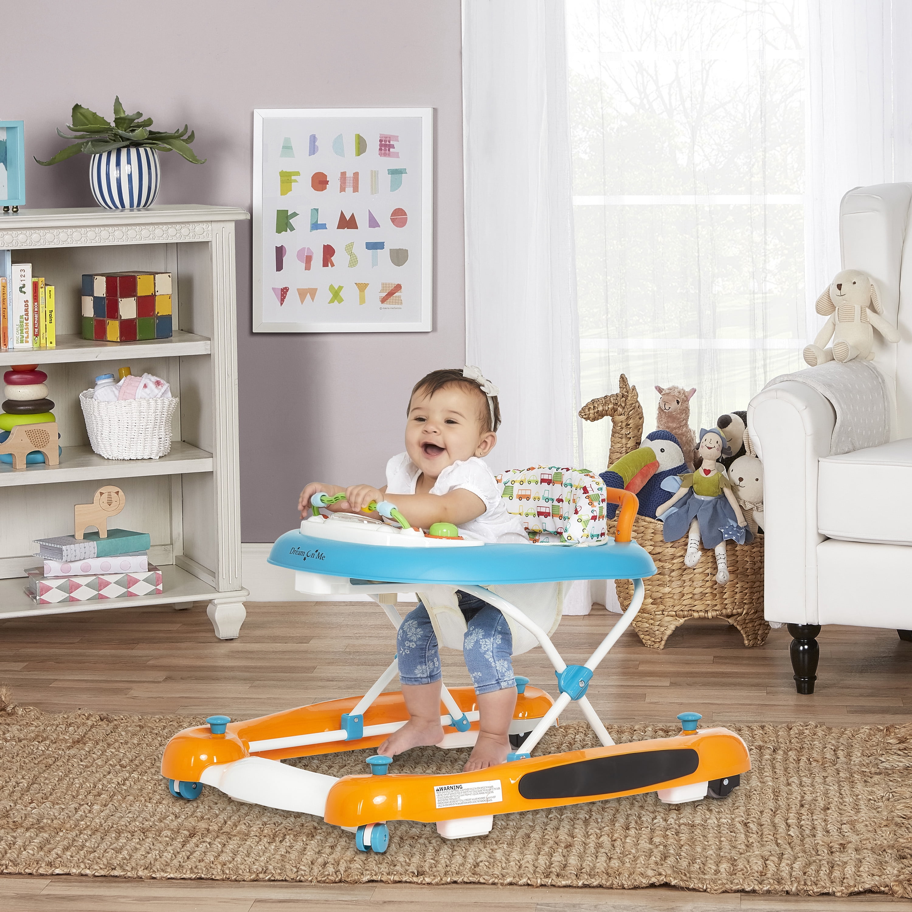 Dream On Me Go-Getter Baby Walker and Walk Behind Walker, Adjustable Seat Height, Comfortable Padded Seat, Easy to Fold, Pack and Store, Detachable Fun Tray, Orange Walker Orange