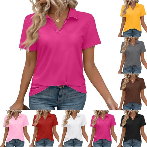 ZHYou Womens Short Sleeve Shirts,V Neck,Business Dressy Casual Tops,Lightweight Lapel Collared Trendy Tees,Hot Pink,S-2XL