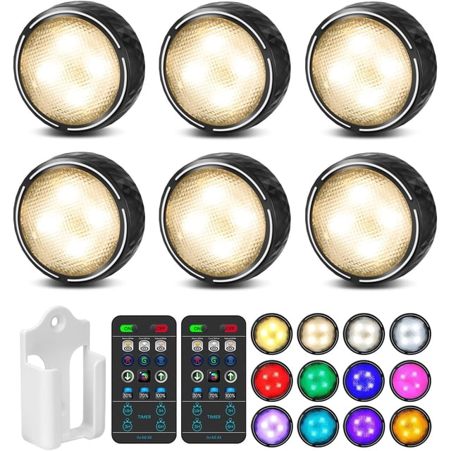 baomifa-LED Lumières à Rondelle à Piles sous Armoire, Lumières de Placard avec Télécommande, Changement de Couleur sous Comptoir, Lumières à Coller pour Cuisine, Bibliothèque, Placard, Lot de 6 - Noir