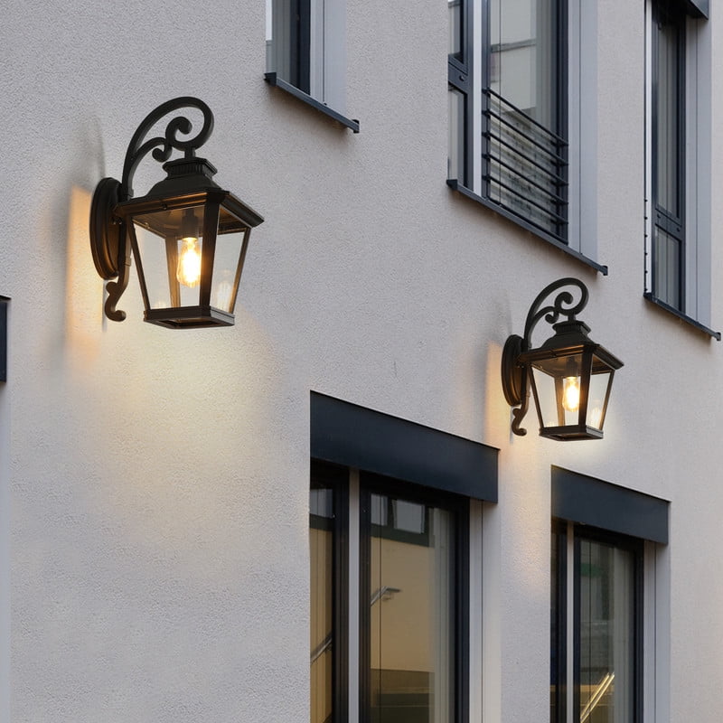 14" Outdoor Wall Lanterns 2-Pack, Vintage Black Exterior Light Fixtures with Clear Glass, Waterproof Wall Sconces for Porch, Patio, Garden, or Doorway (E26 Bulbs Not Included)