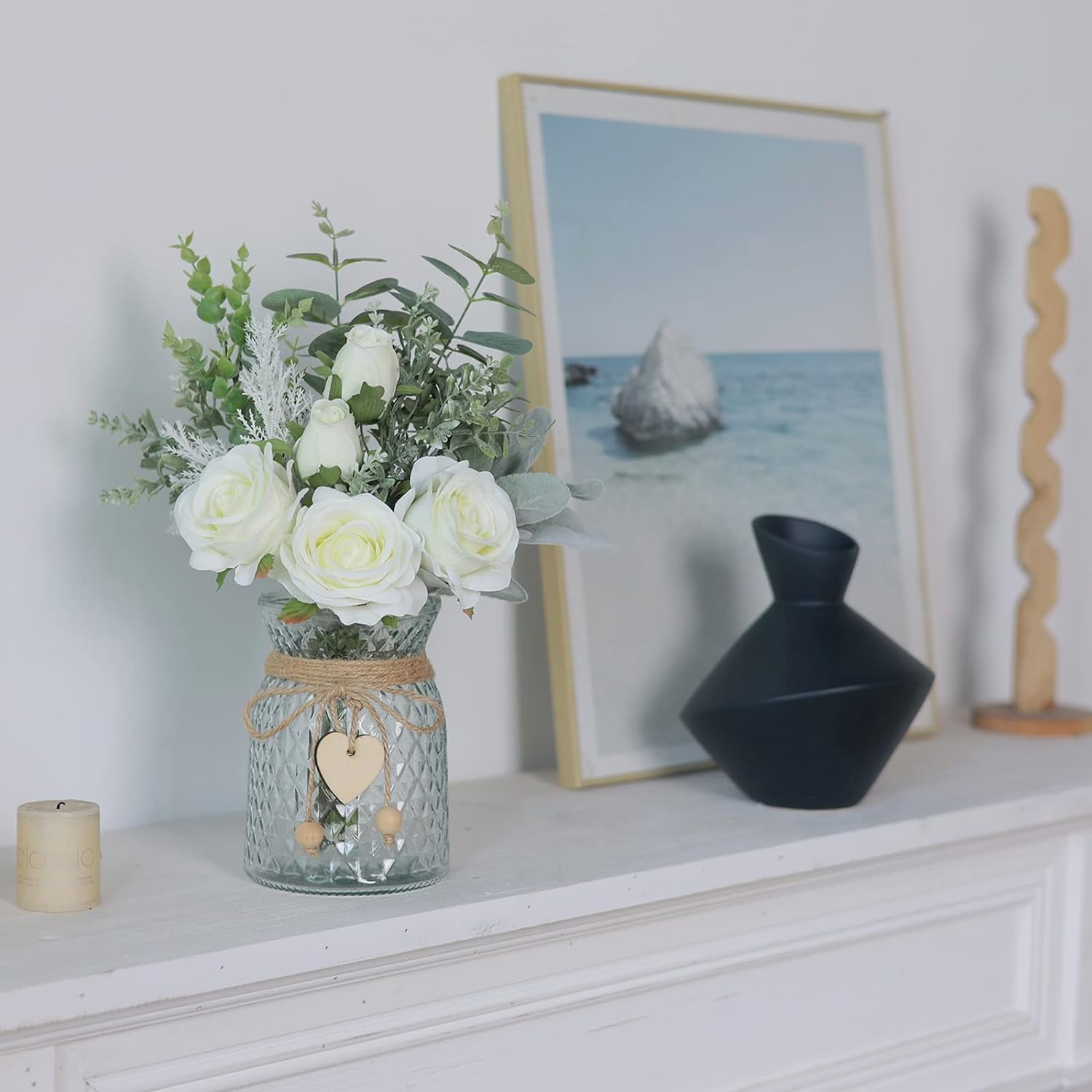 MY Faux Flowers with Vase,Artificial Silk Roses in Vase, Fake Plant Eucalyptus Flower Arrangement for Home Office Farmhouse Bathroom Dining Table Centerpiece Decorations Coffee Table Decor (White)