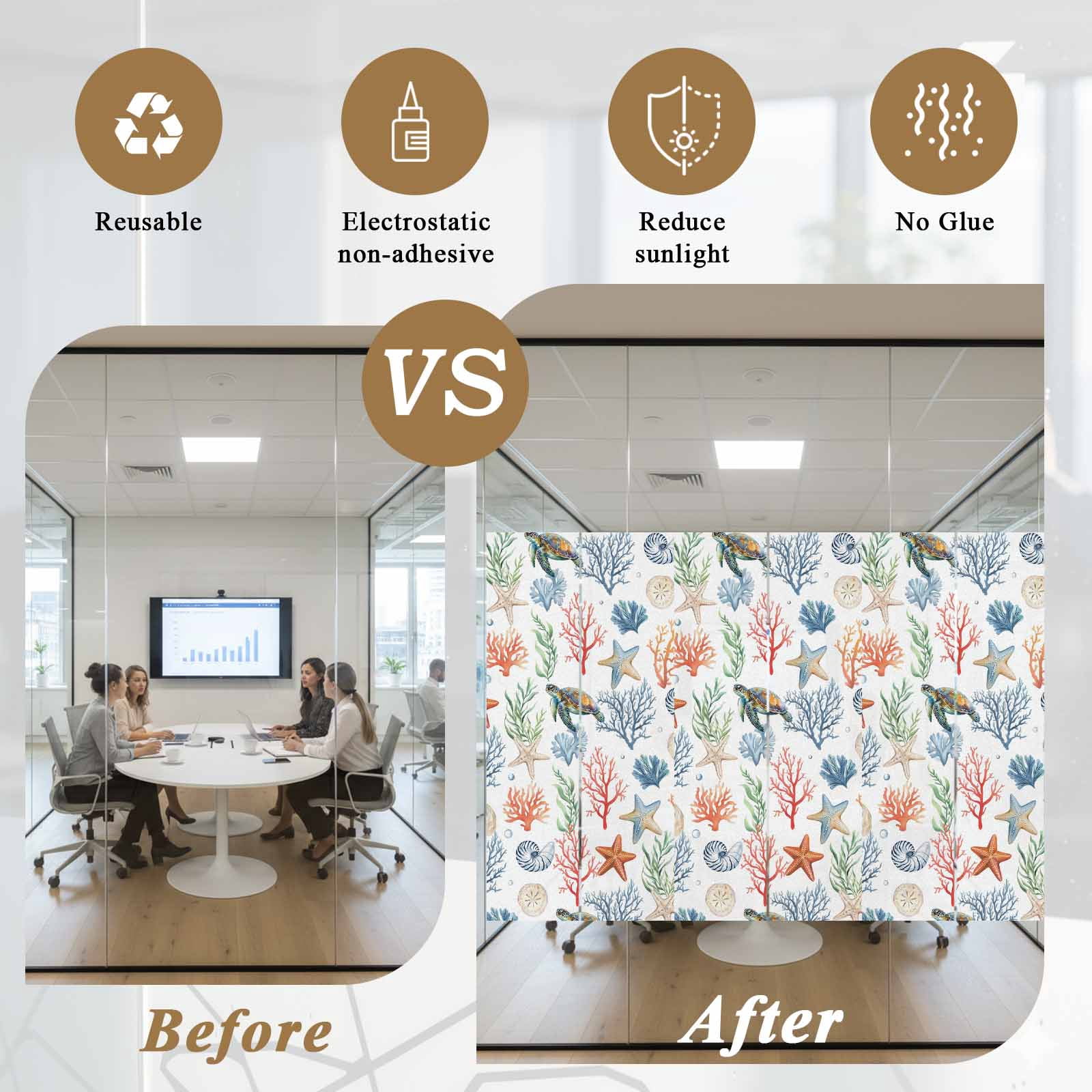 Summer Ocean Window Privacy Film, Nautical Coastal Sea Turtles Shells Corals Starfish Frosted Glass Window Clings Static Cling UV Heat Blocking Reusable Door Sticker for Bathroom 23.6 x 59 Inch