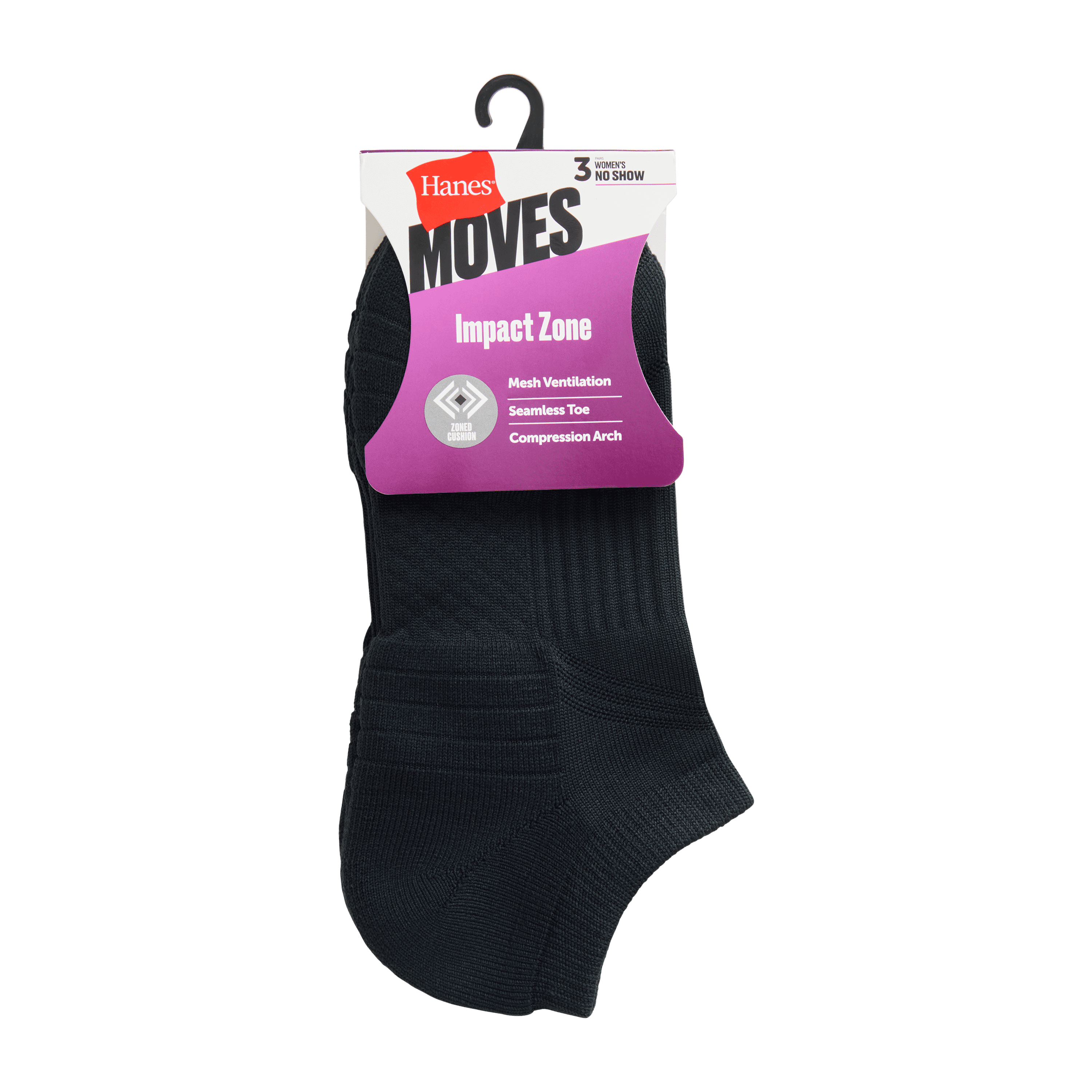 Hanes Womens No-Show Socks, 3 Pairs, Moves Impact Zone Cushioned Athletic Socks for Women
