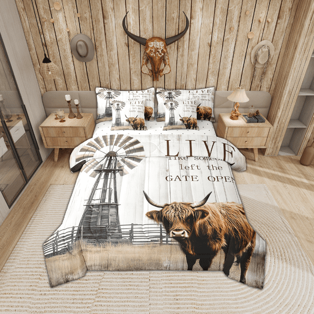 Erosebridal Highland Cow Bedding Sets Queen Size, Rustic Farmhouse Windmill Comforter Sets with Sheets, Reversible 7 Pieces