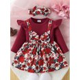 thumbnail image 2 of Bslissey Baby Girls Floral Print Patchwork Dress Ruffles Long Sleeve Bow Front A-line Dress Infant Toddler Sweet Casual Princess Dress with Headband Set, 2 of 9