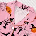 thumbnail image 5 of CUZIBR Girls Outfits Sets Halloween Pumpkin Bat Cat Print Lapel Button Short Sleeve Pajama Top Matching Shorts Two Piece Kids Sleepwear Set,Pink,7-8 Years, 5 of 9