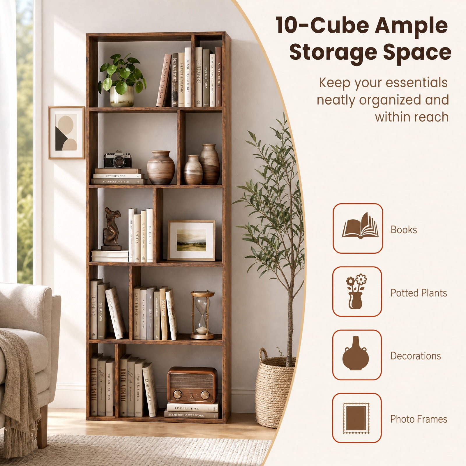 Furnibear 5-Tier Modern Bookshelf with Open Back and 2 Anti-Tipping Kits for Living Room Home Office Bedroom Display Storage Shelf, Brown
