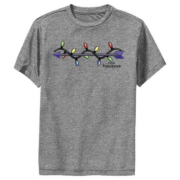 Boy's Marvel Hawkeye Holiday Arrow  Performance Graphic Tee Charcoal Heather Medium