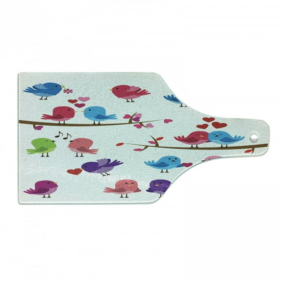 Kissing Cutting Board, Romantic Illustration with Colorful Birds in Love Singing on Branches, Decorative Tempered Glass Cutting and Serving Board, in 3 Sizes, by Ambesonne