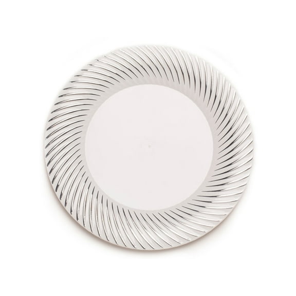 Plexware Collection 7.5" White w/ Silver Swirl Border Plastic Salad Plates *Case of 120*