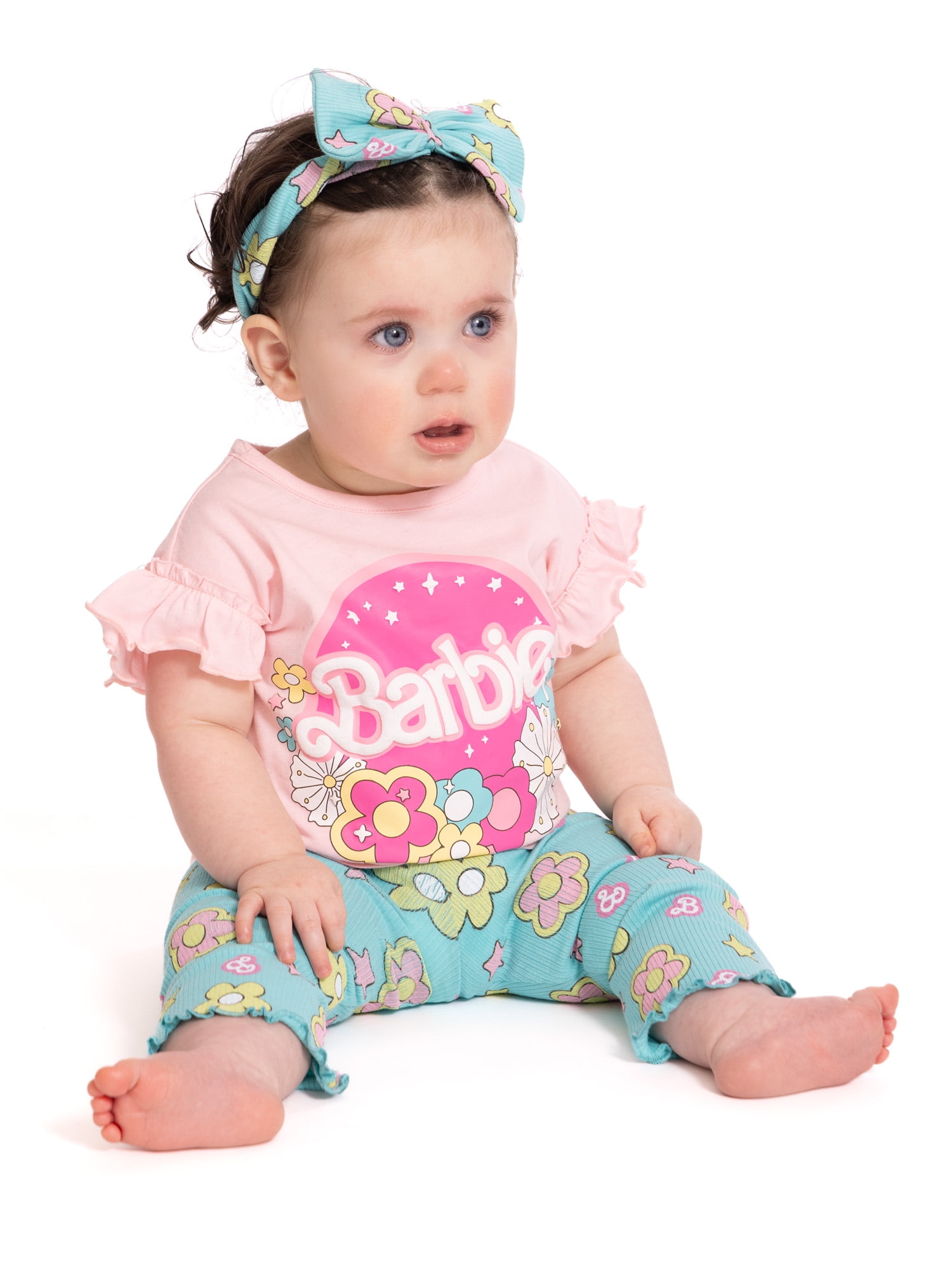 Barbie Baby Girls Ruffle Top and Flare Leggings with Bow Headband Set, 3-Piece, Sizes 0/3M-24M
