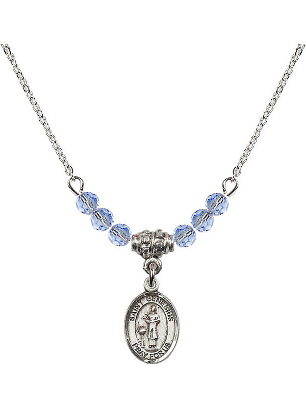 18-Inch Rhodium Plated Necklace with 4mm Crystal Birthstone Beads and Sterling Silver Saint Genesius of Rome Charm.
