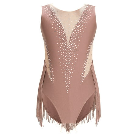 Linjinx Kids Girls Latin Tango Rumba Dance Dress Shiny Rhinestone Fringed Leotard Figure Ice Skating Coffee 10