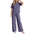 thumbnail image 2 of ABSUYY Womens Loungewear Set Two Piece Ribbed Knit Wide Leg Pants Crew Neck Short Sleeve Oversized Relaxed Fit Gray,Size Free Size, 2 of 7