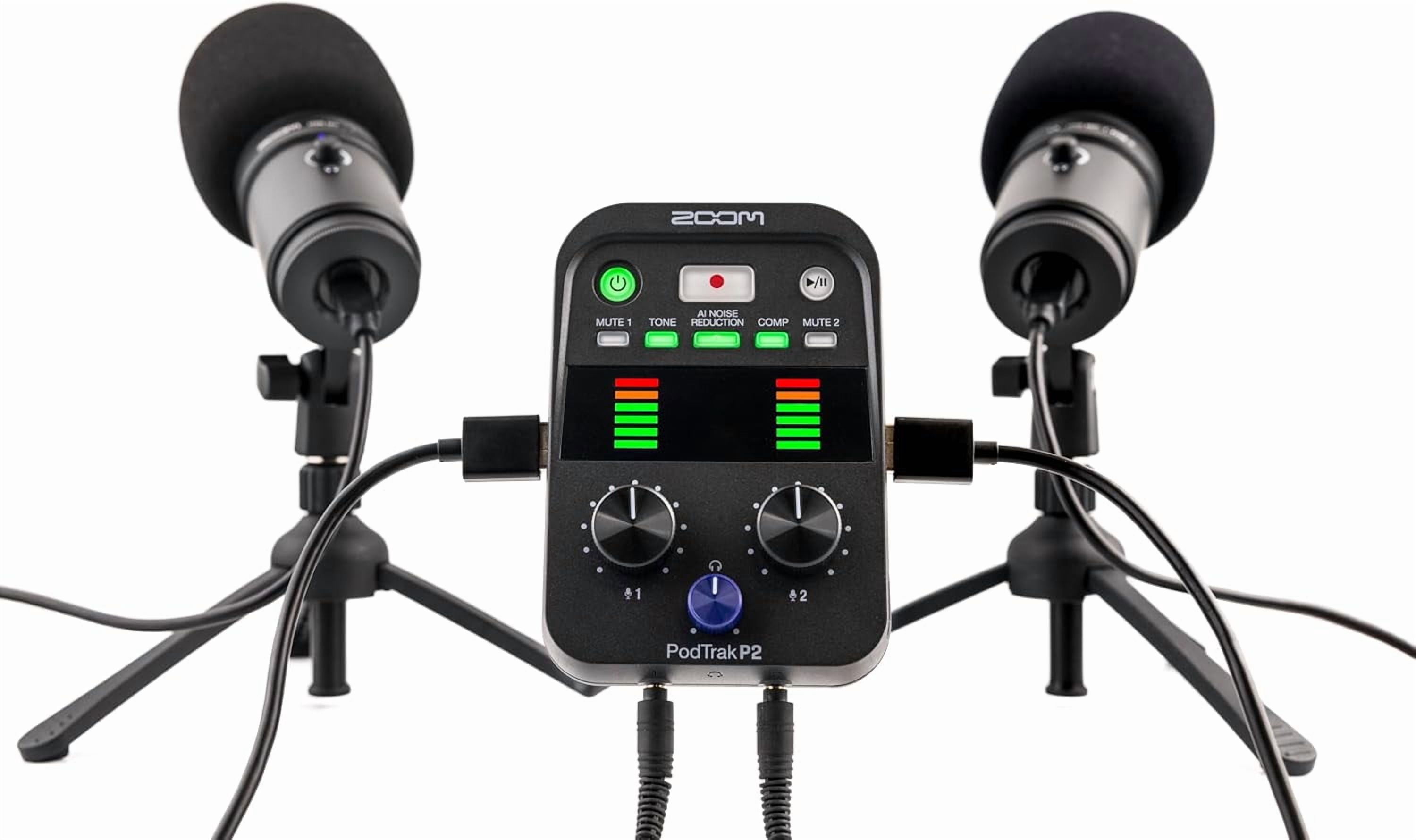 Zoom PodTrak P2 Podcast Recorder with 2 USB Mic Inputs Bundle With MDR-7506 Professional Stereo Headphones + AT2020USB-X Cardioid USB Microphone + 64GB Memory Card + More