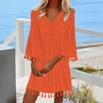 thumbnail image 3 of Dvprdro Women Sundress Summer Fashion Solid V Neck 3/4 Sleeve Pleated Flowy T-shirt Casual Loose Beach Mini Dress on Clearance, 3 of 5