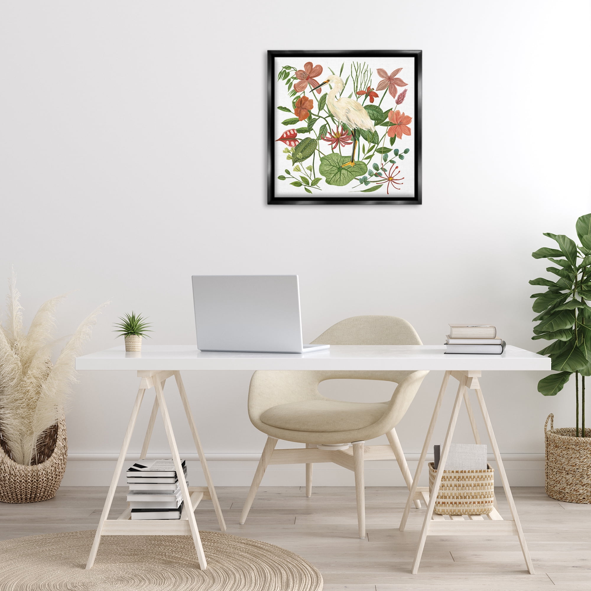 Stupell Industries Heron with Wild Florals Landscape Painting Black Floater Framed Canvas Art Print Wall Art, 25 x 25