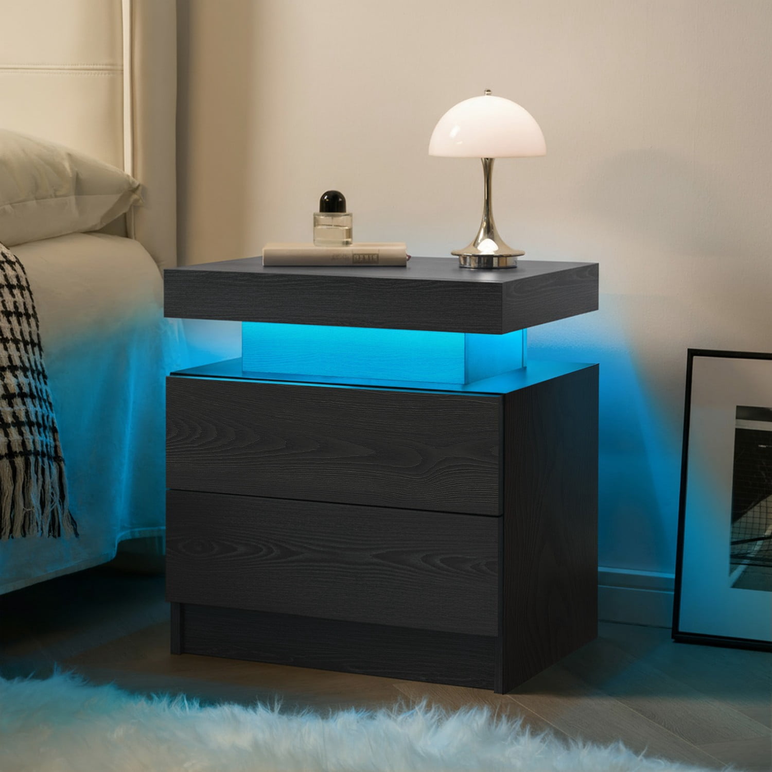 Nightstand with LED Lights, Modern Bedside Table with 2 Drawers and Open Storage, Adjustable RGB Light End Table for Bedroom Living Room Office, Black Woodgrain