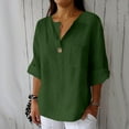 thumbnail image 2 of BiZtdJrK Women's Button Down V Neck Shirts with Chest Pocket 3/4 Sleeve Cotton Linen Blouse Loose Breathable Lounge Summer Tops Army Green XL, 2 of 7