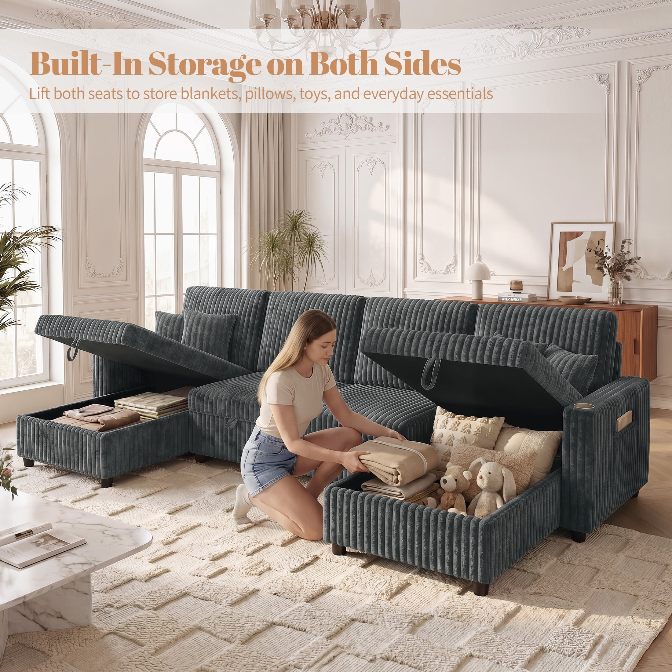 Aenkyo 110" U-Shaped Sleeper Sofa with Pull Out Bed, Storage Chaises and USB, Dark Gray