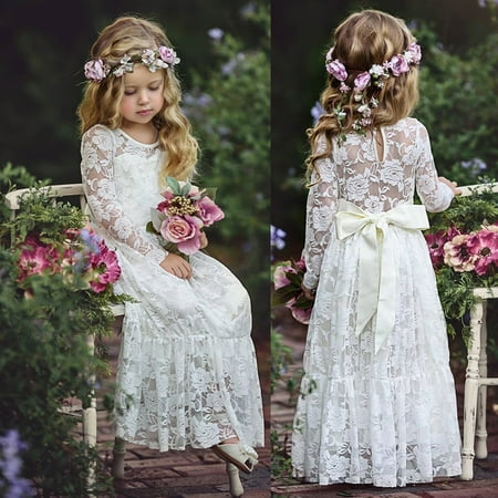 Fancy Lace Flower Girl Dress Long Sleeves Princess Communion Dresses for 2-13T