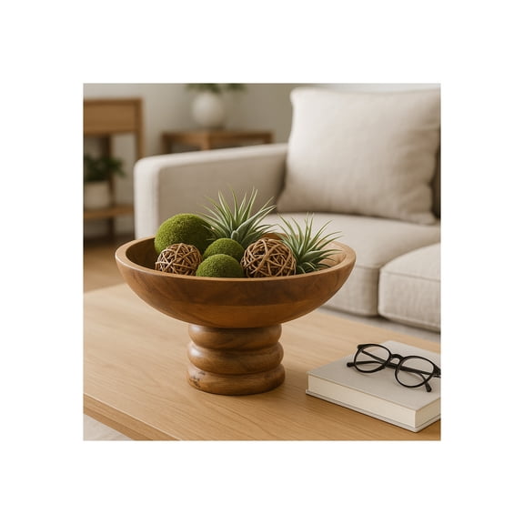 Decorative Round Wood Bowl with Ribbed Base for Coffee Table - Modern Centerpiece Table Decoration or Entryway Table for Home Decor Accent - Stylish Kitchen Counter, Key, or Candy Bowl - 5", Brown