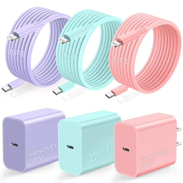 Cargador de pared Charger VANOVEI USB C de 20 W con cable de 10 pies para iPhone 14
