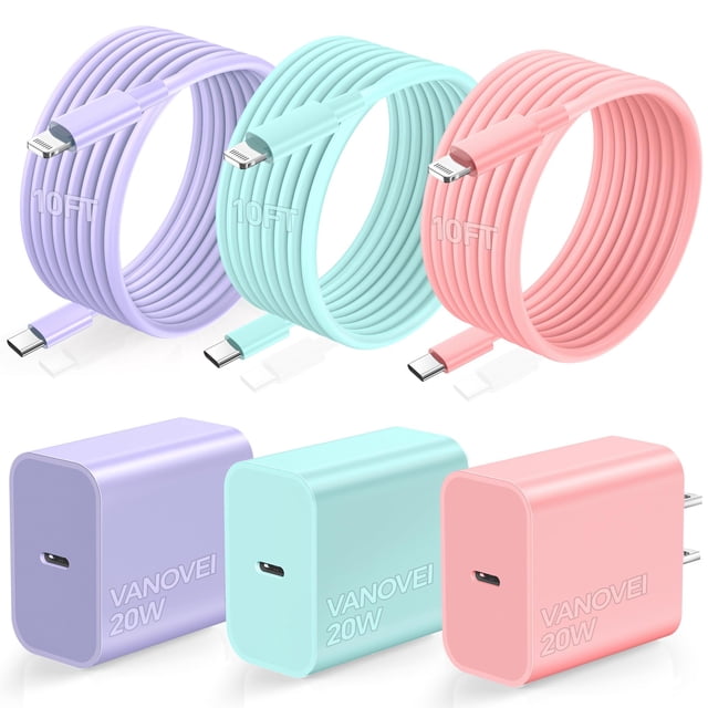 Cargador de pared Charger VANOVEI USB C de 20 W con cable de 10 pies para iPhone 14