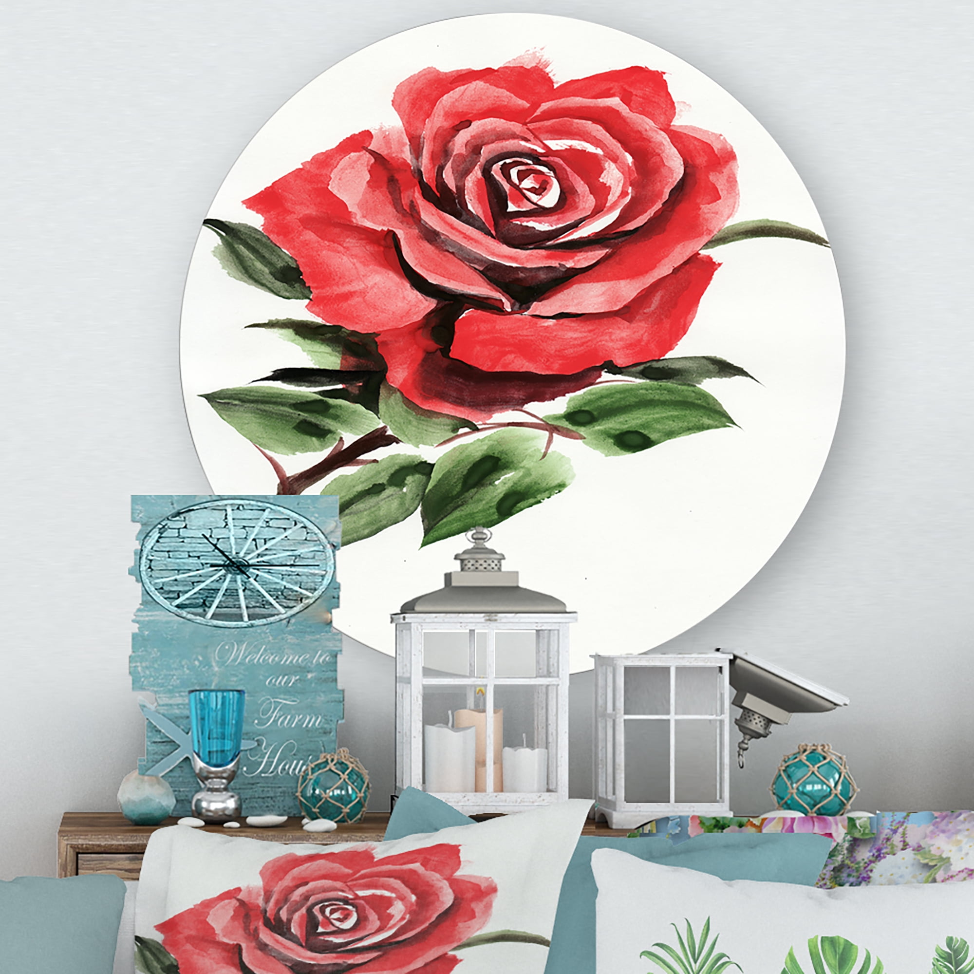 Designart 'Ancient Red Rose Flower III' Traditional Circle Metal Wall Art 23x23 - Disc of 23