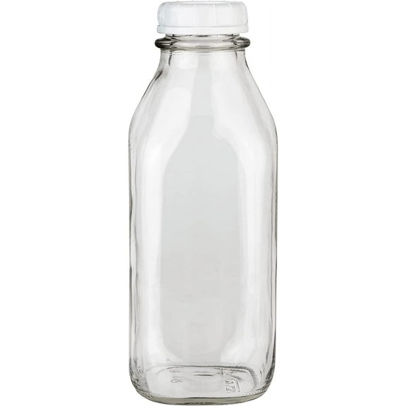 32 oz Glass Milk Bottles w/ 3 white caps (1 pack) - Food Grade Milk Jars with Lids - Dishwasher Safe - Bottles for Milk, Buttermilk, Honey, Maple Syrup, Jam, Barbecue Sauce