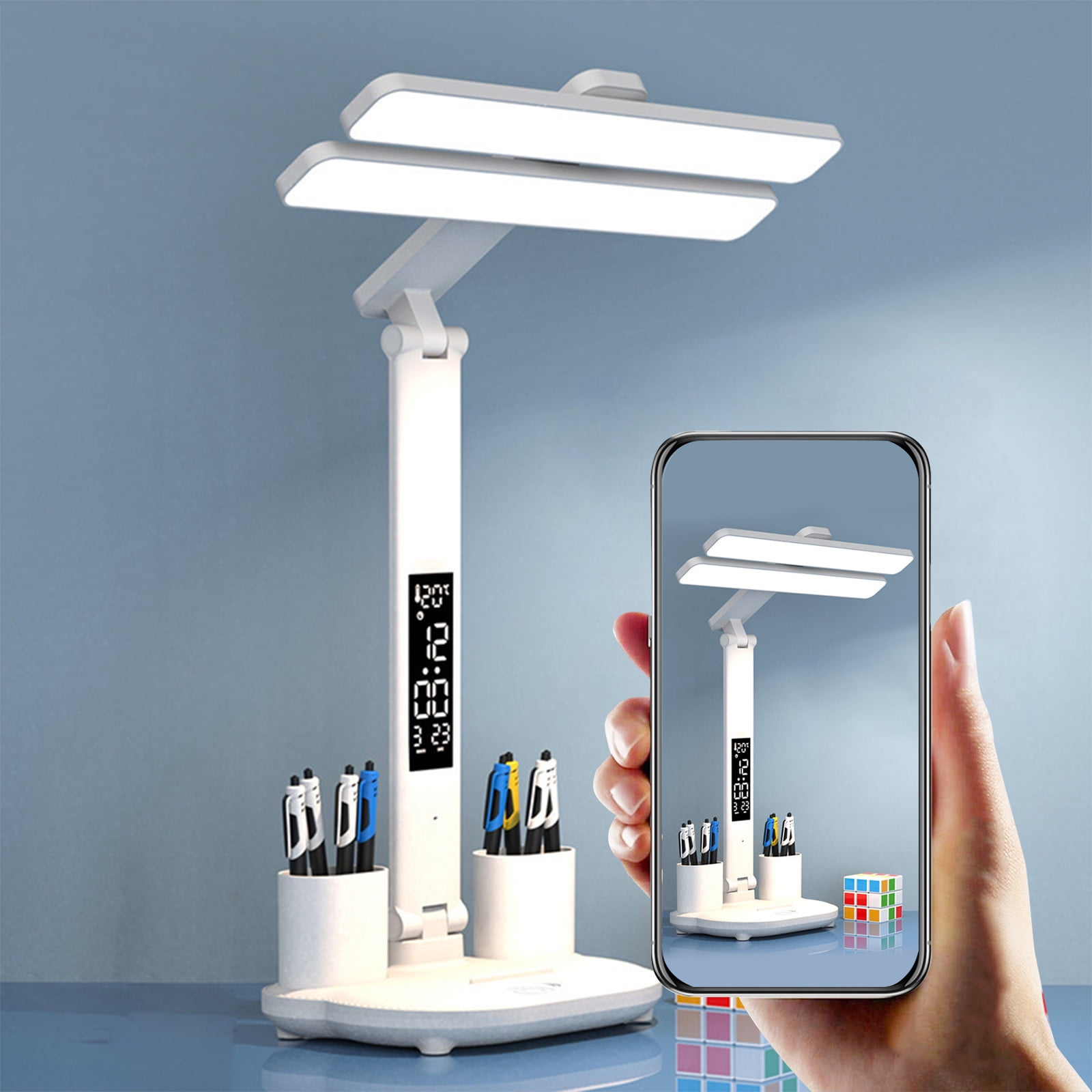 FYTPOV LED Desk Lamp with Pen Holder and Clock, Foldable Table Lamp for Home Office, Study Desk Lamp for College Dorm Room Essentials