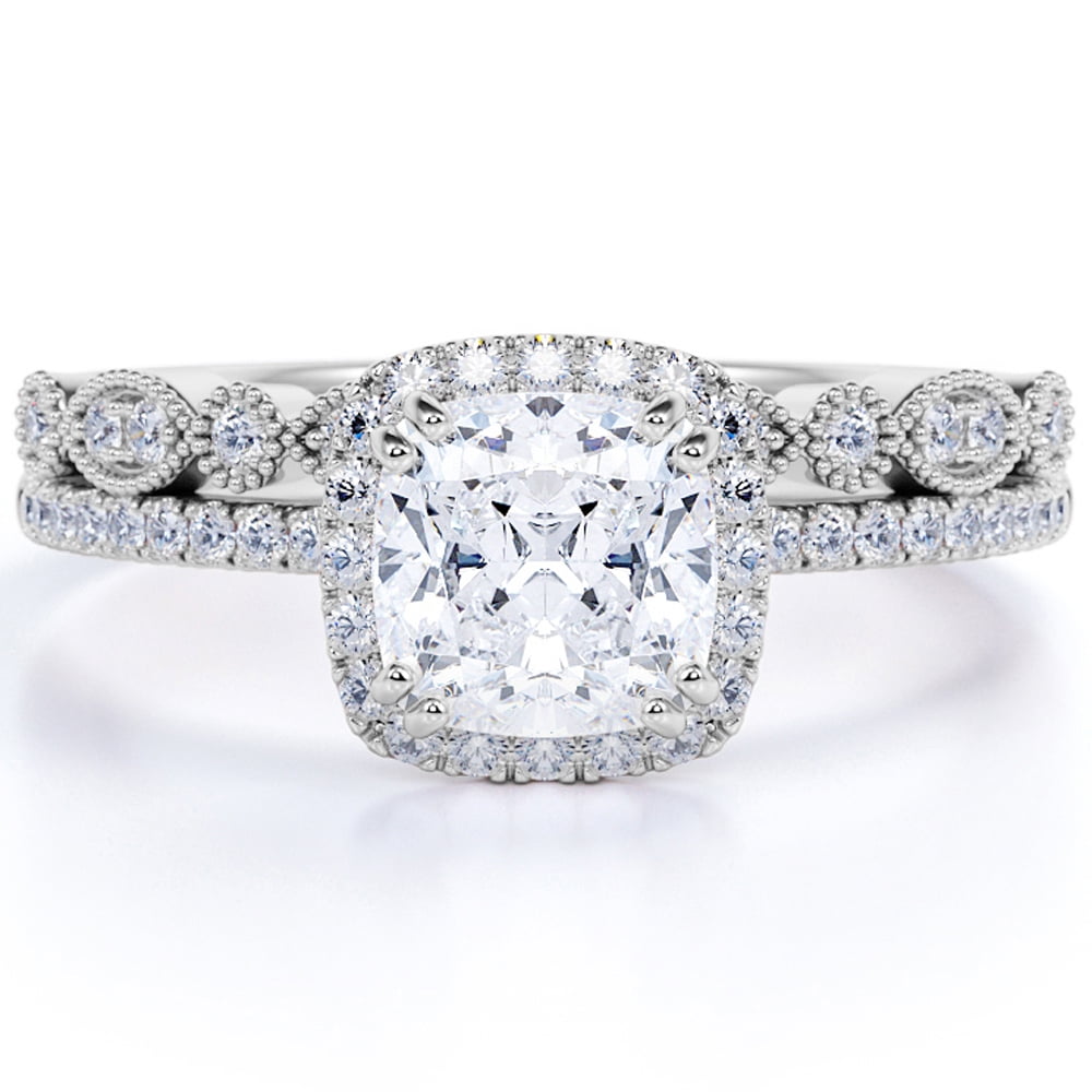 JeenMata 1.25 Carat Cushion Cut Lab Grown Diamond Halo Bridal Ring Set - Vintage Milgrain Engagement Ring and Wedding Band for Women in 10K White Gold