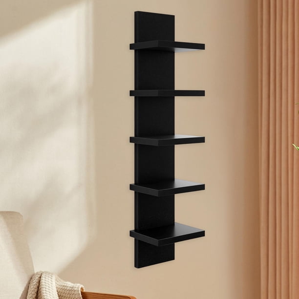 Estante de almacenamiento de pared de madera de 5 niveles, diseño vertical, accesorios, ahorro de espacio, instalación rápida, versátil, 18,3 x 14 x Negro