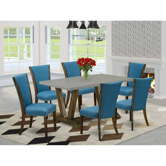 East West Furniture V796VE721-7 7Pc Dining Room Table Set Consists of a Wood Dining Table and 6 Parsons Dining Chairs with Blue Color Linen Fabric, Distressed Jacobean and Cement Finish