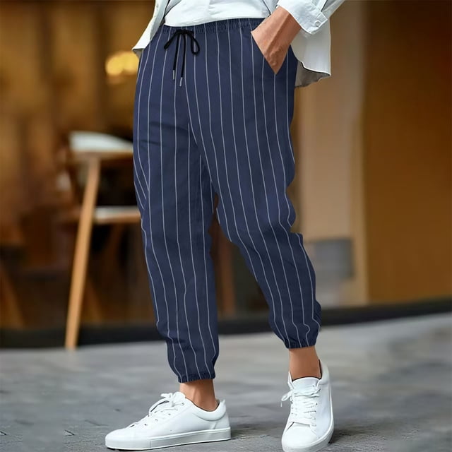 Pantalones largos para hombre, informales, a rayas, estampados, cintura elástica, cordón ajustable, bolsillo transpirable, pantalones tobilleros de poliéster para hombre.