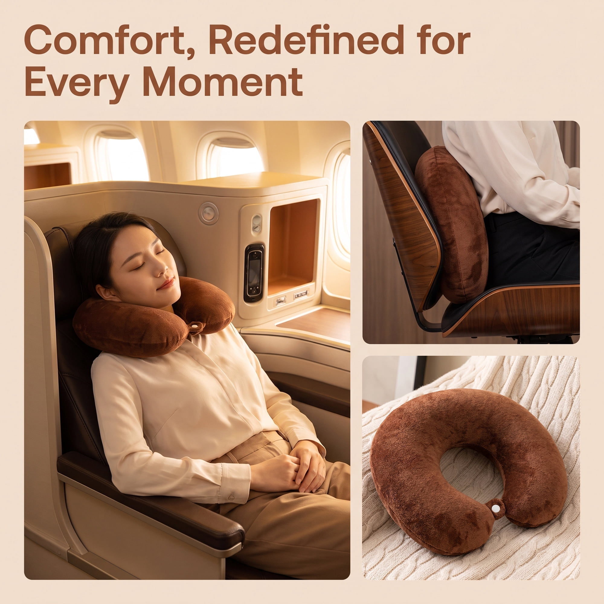 Unique Bargains PP Cotton Travel U Shape Neck Pillow for Office Naps Brown 11"x11"