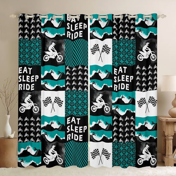 Manfei Extreme Sports Motorcycle Curtains Pack of 2 (42x84 Each),Racing Flag Curtains Blackout,Cyan White Black Bedroom Curtains For Boys Kids,Breathable Bedroom Decorative
