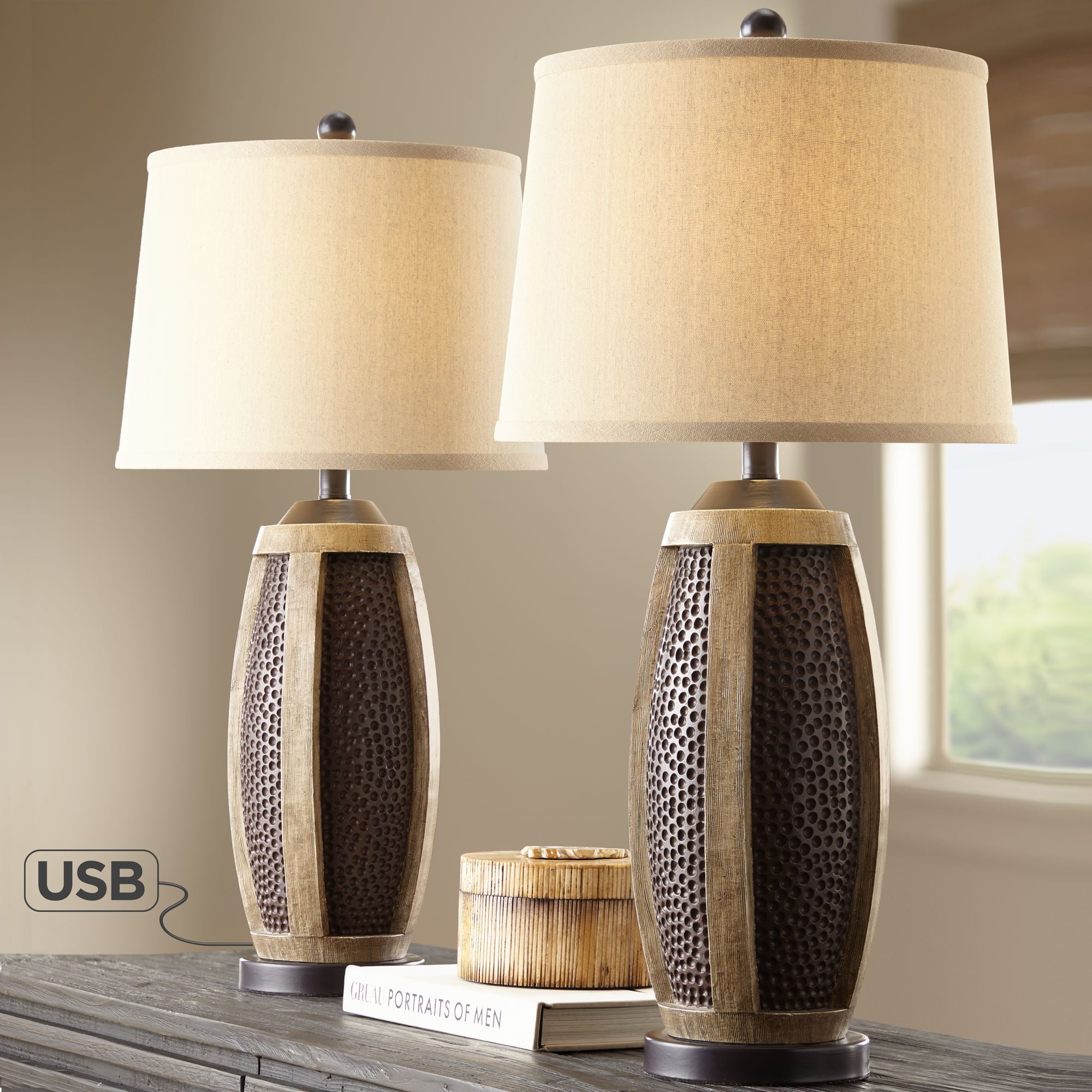 John Timberland Rustic Farmhouse Table Lamps  Set of 2 with USB Charging 