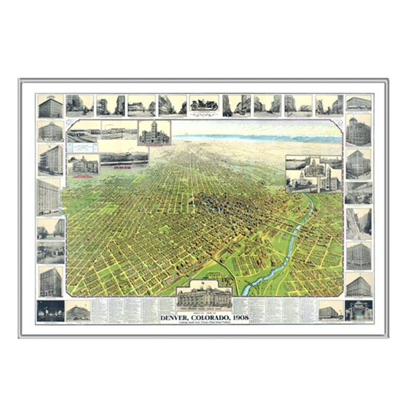 Universal Map 16478 Denver CO 1908 Historical Print Framed Wall Map - Silver
