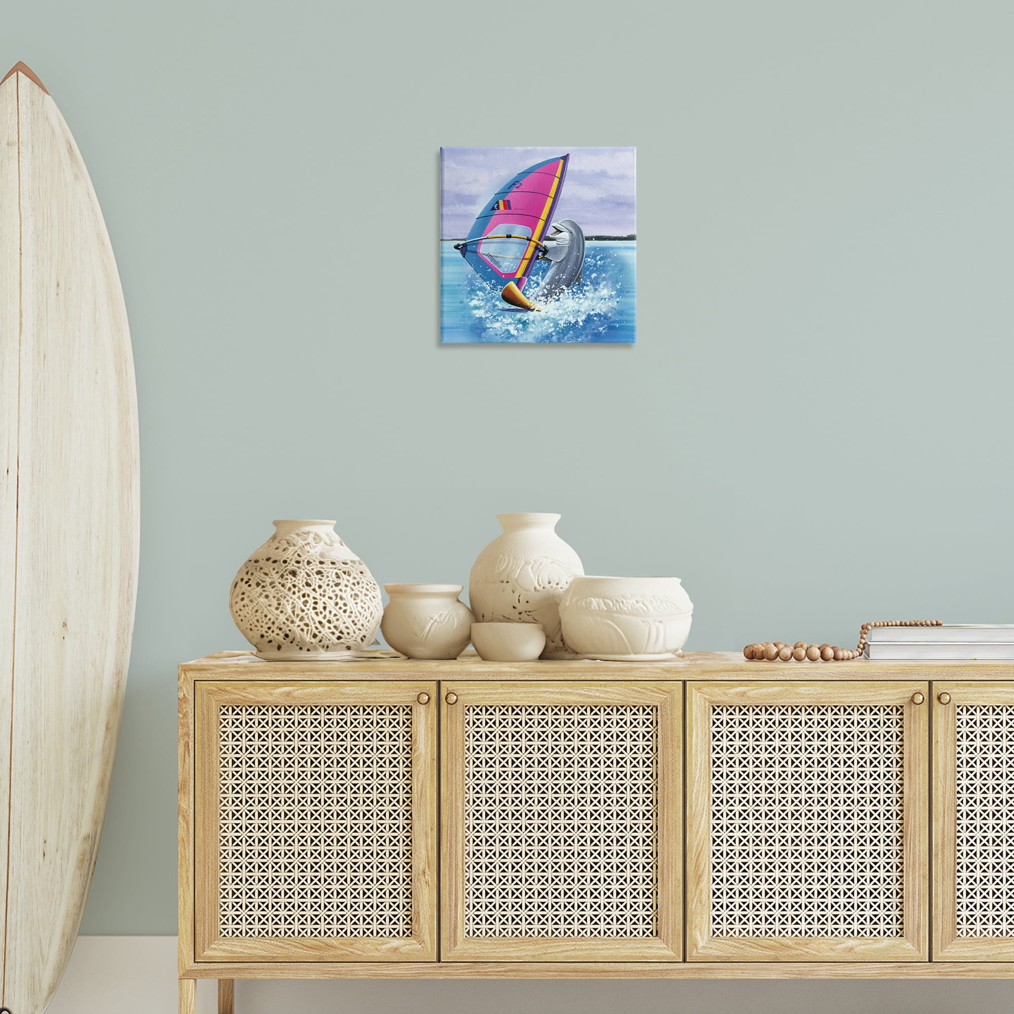 Stupell Industries Wind Surfer Dolphin Animals Painting Wrapped Canvas Art Print Wall Art, 17 x 17